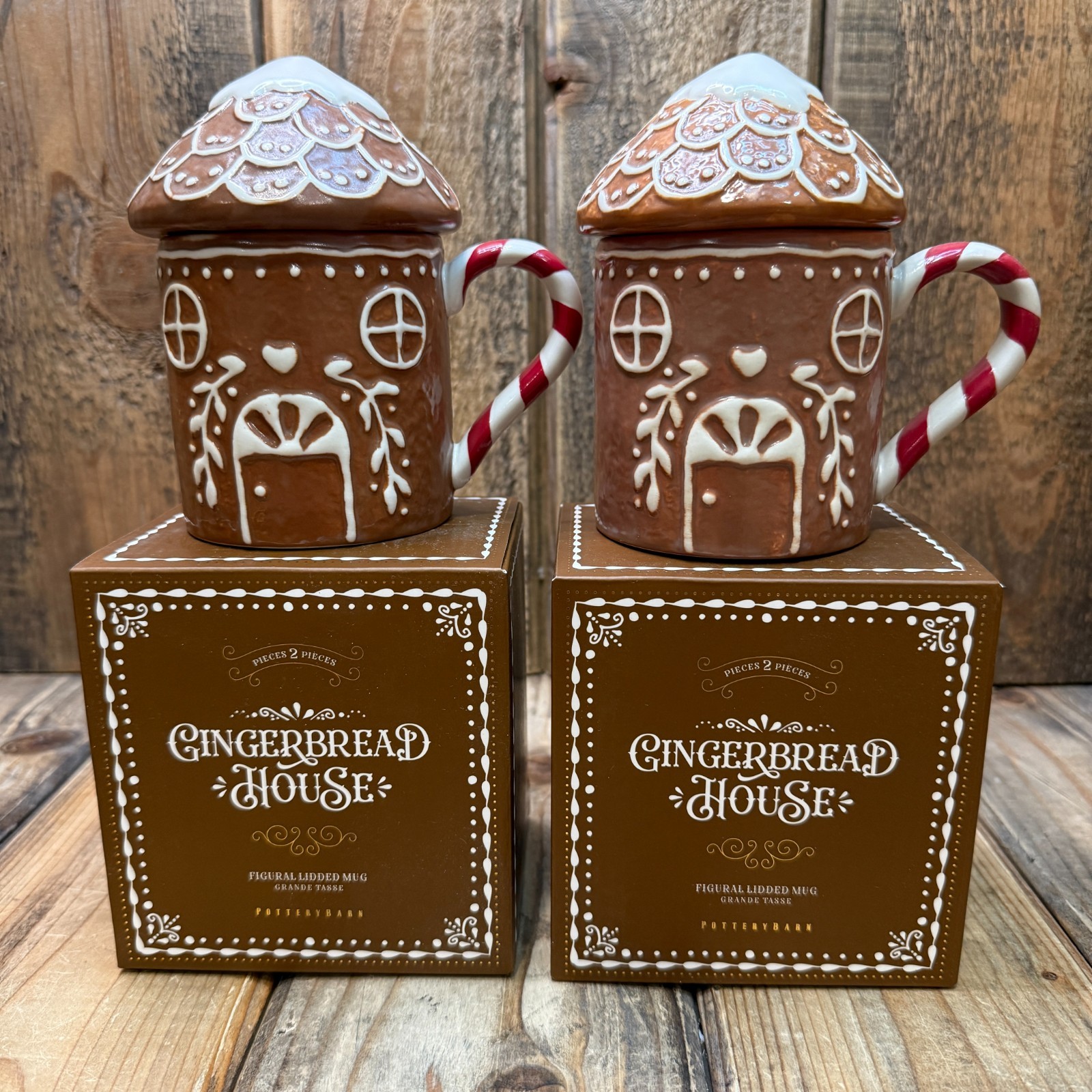 POTTERY BARN GINGERBREAD HOUSE STONEWARE LIDDED MUG OF 2 CANDY CANE CHRISTMAS