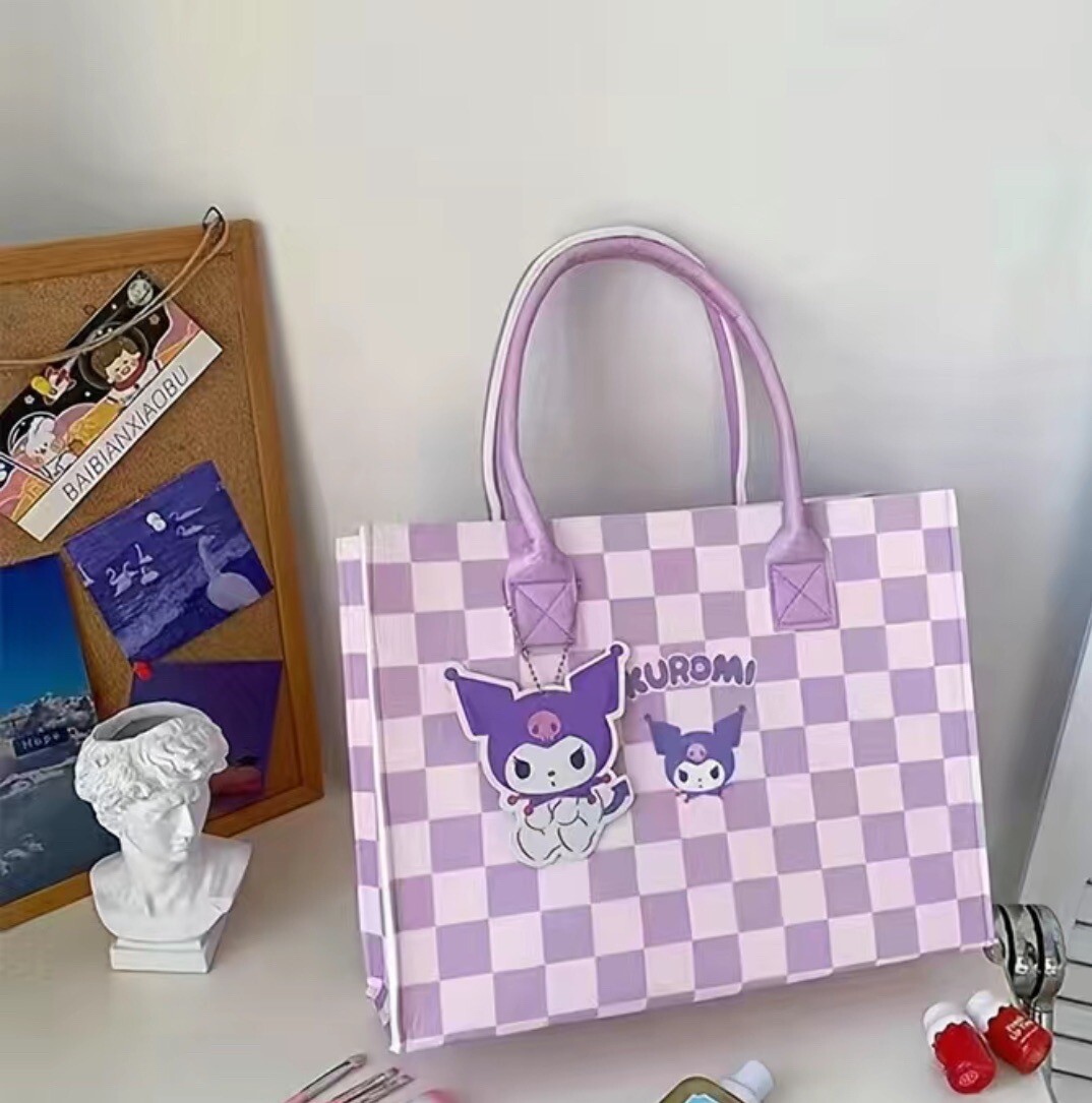 Kuromi Tote Bag Sanrio Miniso Kawaii Purple Reusable New Checkered Kuromi Tote Bag Sanrio Miniso Kawaii Purple Reusable New Checkered