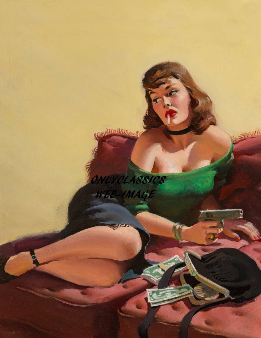 1952 Sexy Bad Girl Femme Fatale Cigarette Smoking 8.5x11 Pinup Print Gun Trouble