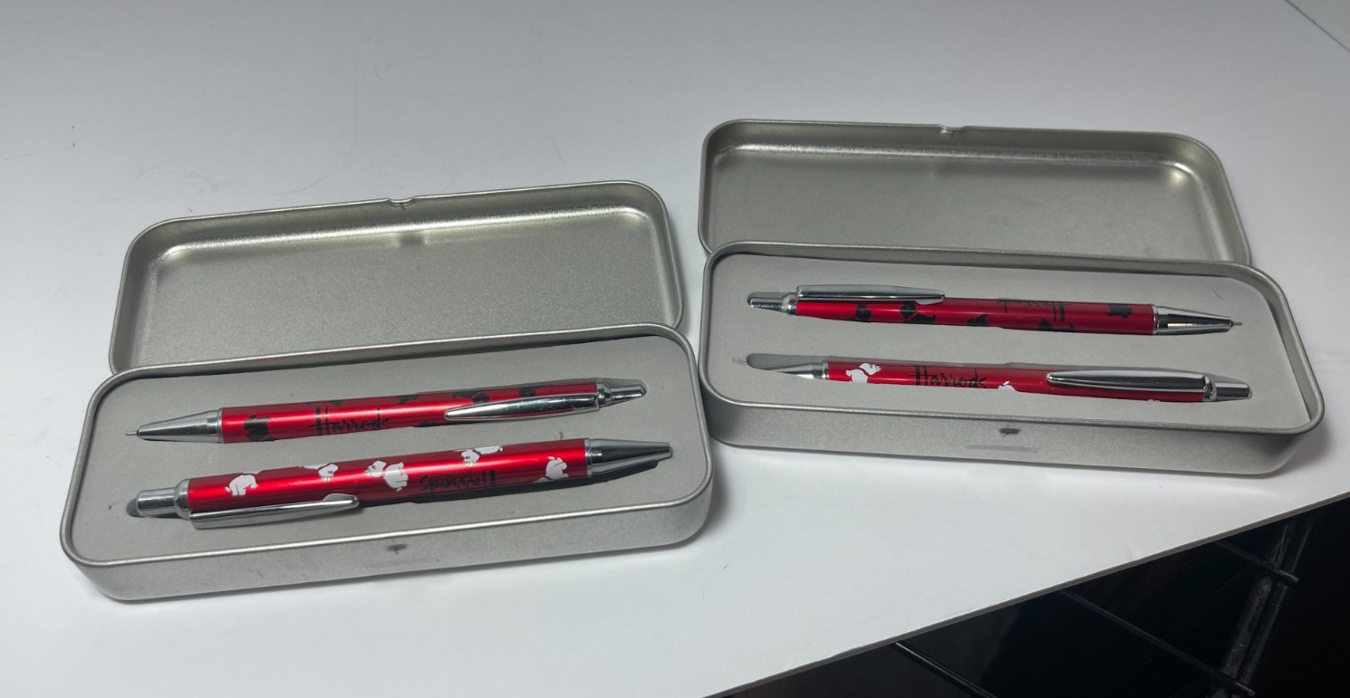 2 Vintage Harrods Knightsbridge Scottie Dog Pen Pencil Sets in Original Tins