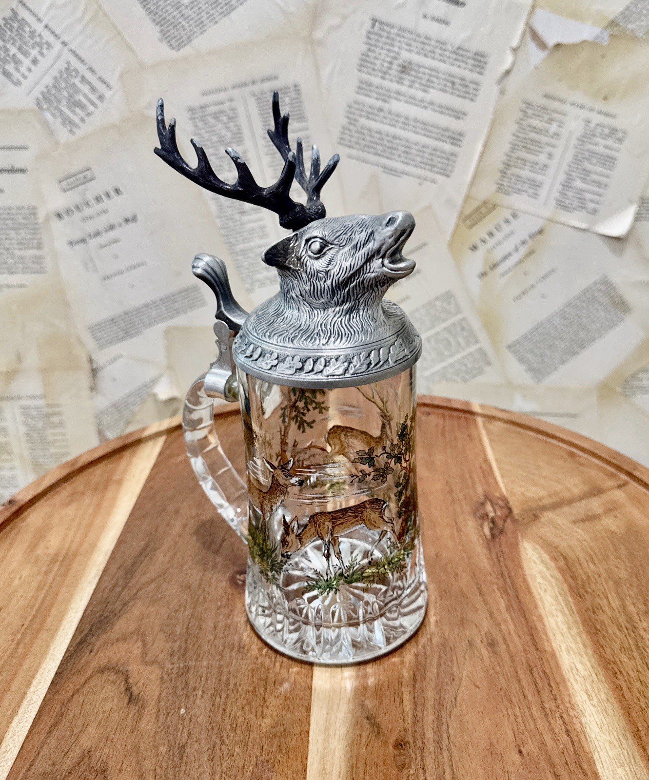 Vintage BMF West Germany Glass Beer Stein Figural Pewter Stag Lid  Hunting Scene