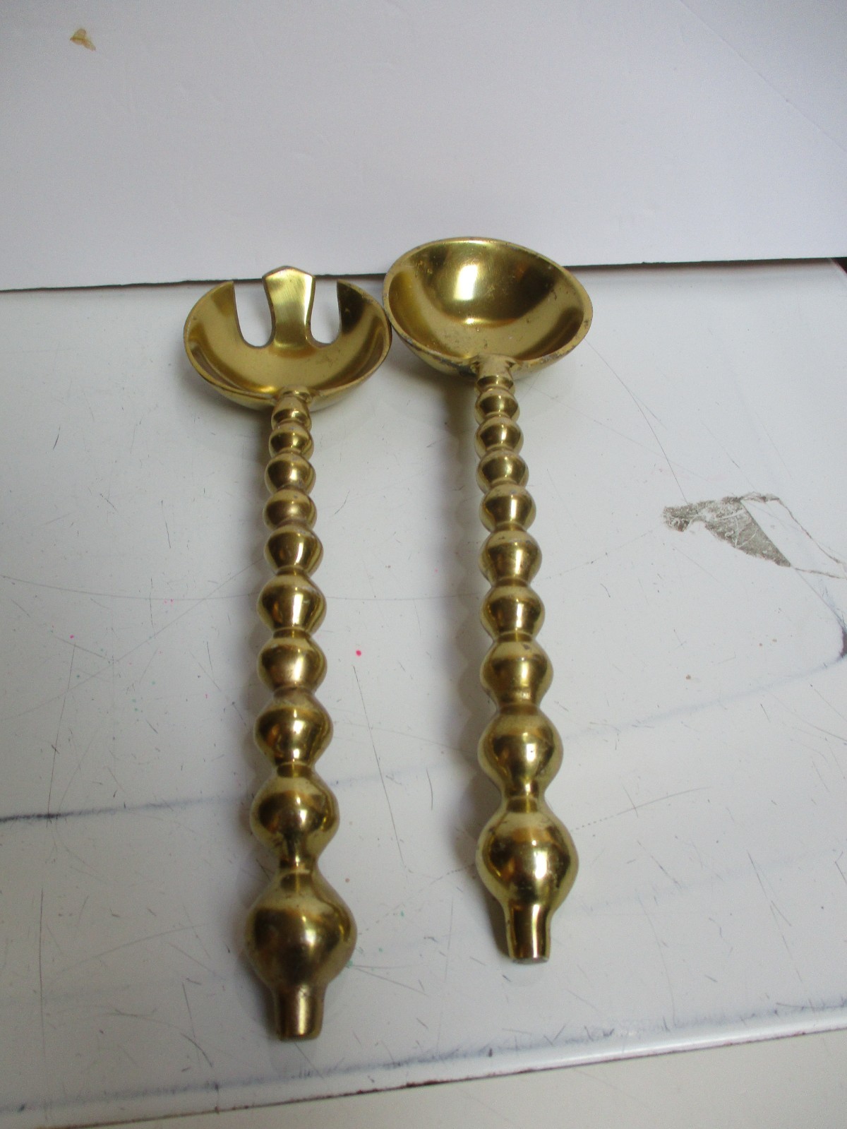 Deco Brass/ Goldtone Coated Aluminum Beaded SALAD SERVING Fork & Spoon 13
