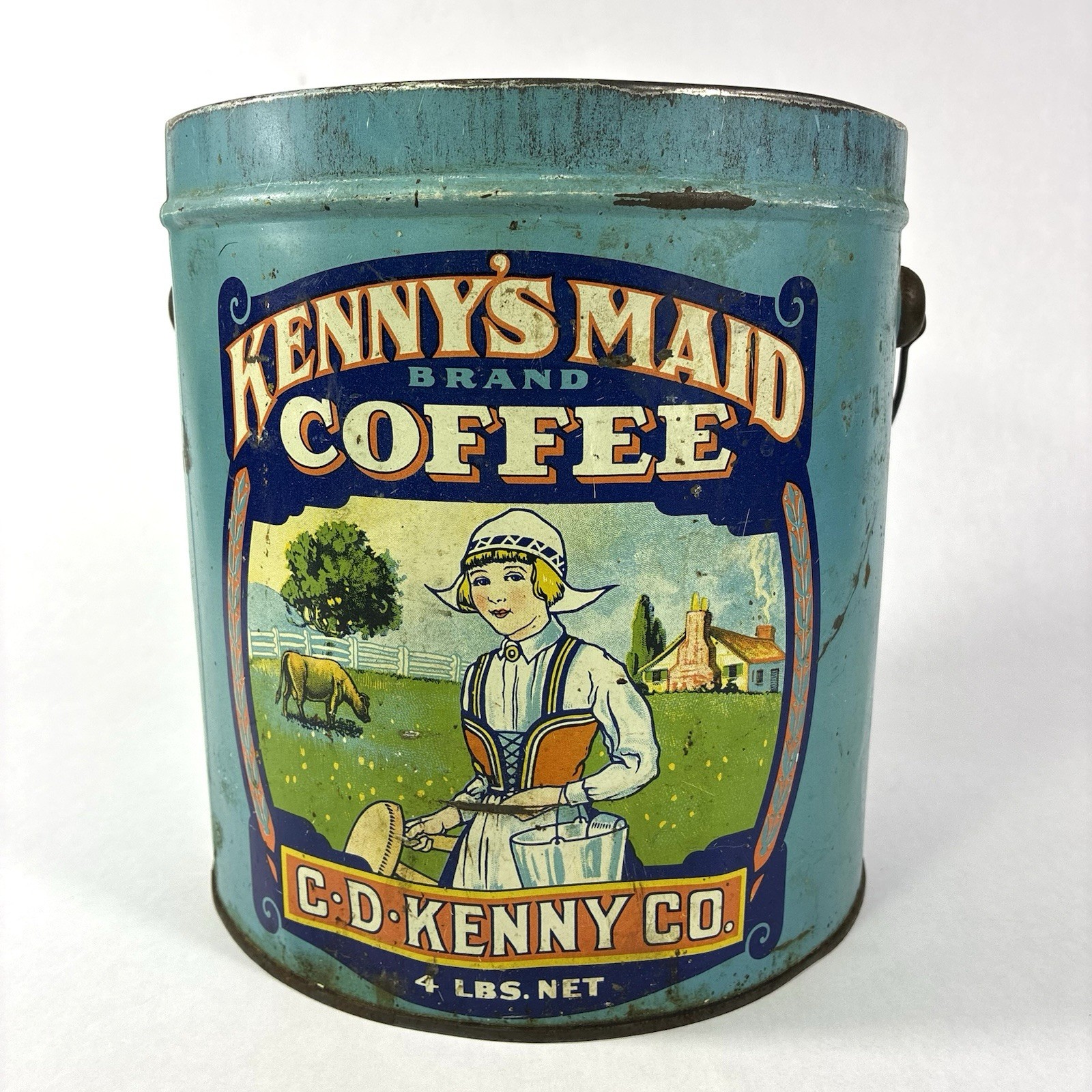 Rare Antique Kenny's Maid 4 lb Litho Coffee Tin Pail Dutch Lady Farm Cow Vtg