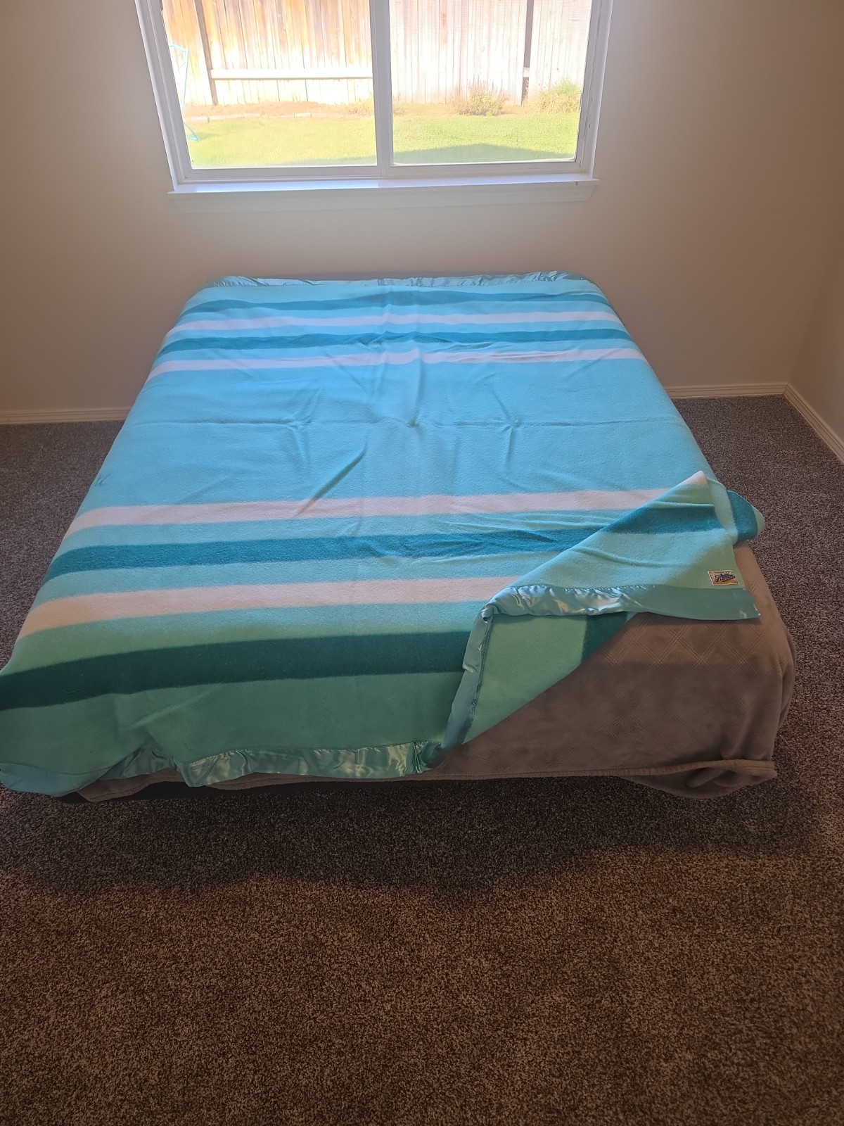 Vtg Baron Woolen Mills Blanket Turquoise Teal Striped 100% Wool Satin Trim 6x7