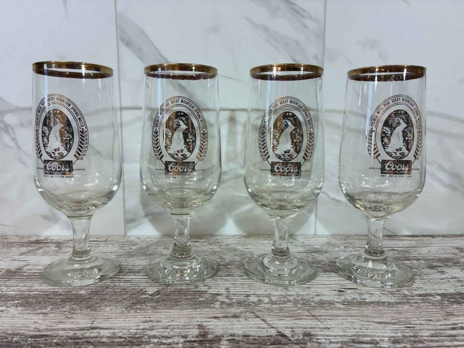 Lot of 4 Vintage Coors Stemmed Beer Glasses Gold Rim Rocky Mountain