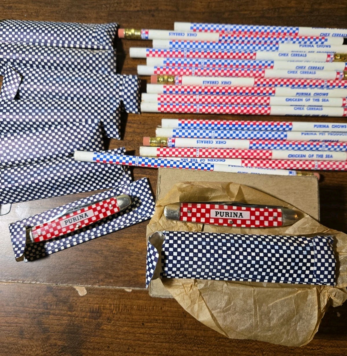 Vintage Purina Checkerboard Pocket Knife & 5 Pencil Lot NOS Advertising Unused