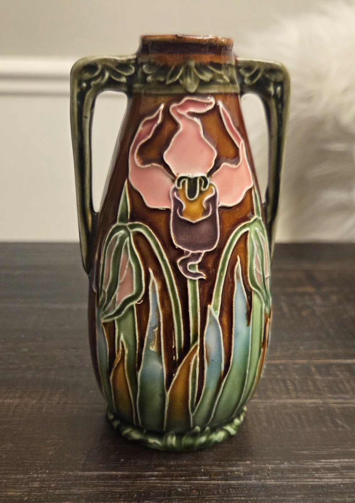 ANTIQUE FRENCH MAJOLICA ART NOUVEAU DOUBLE HANDLED VASE