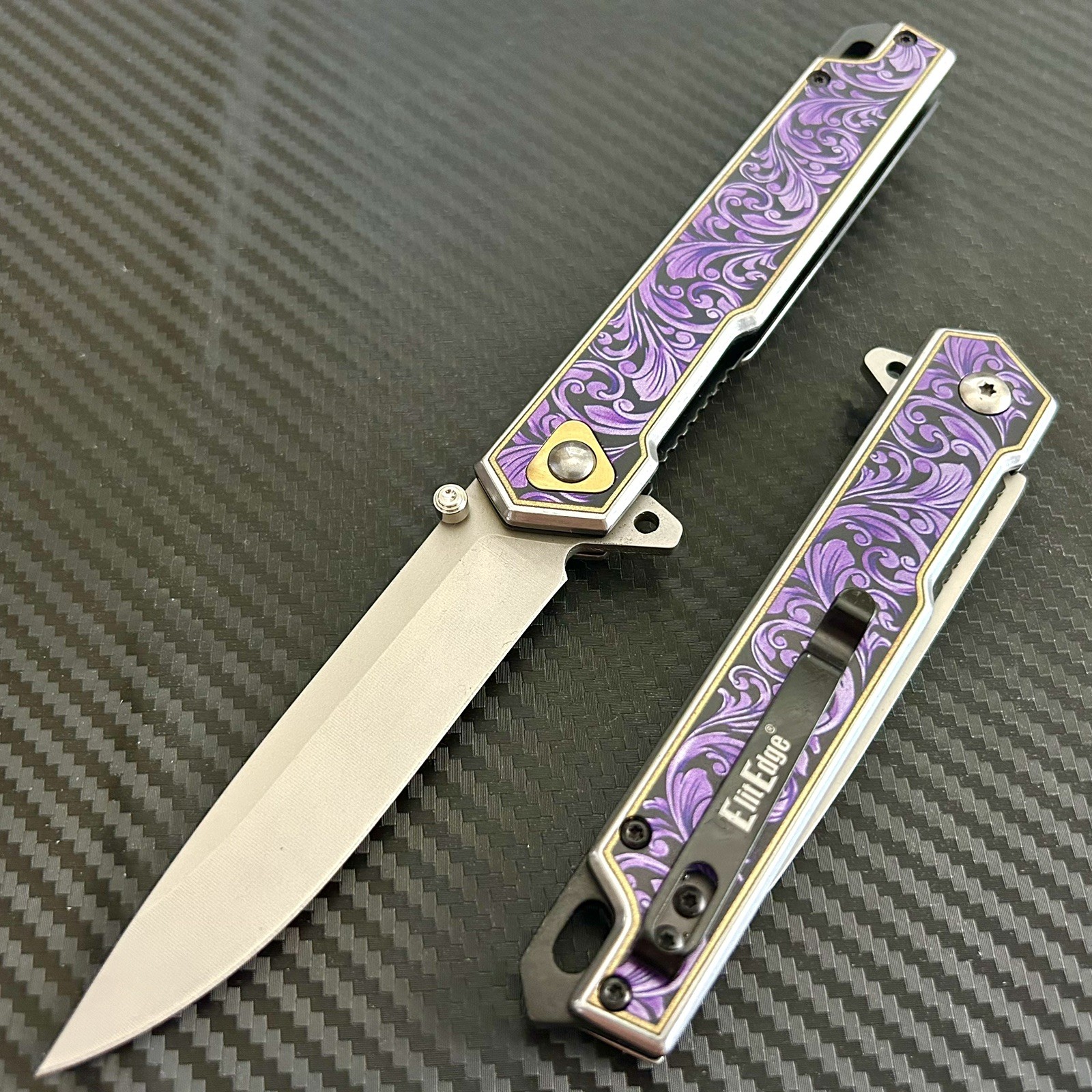 9” Purple Flower Engraved EDC Tactical Spring Assisted Open Pocket Knife 9” Purple Flower Engraved EDC Tactical Spring Assisted Open Pocket Knife