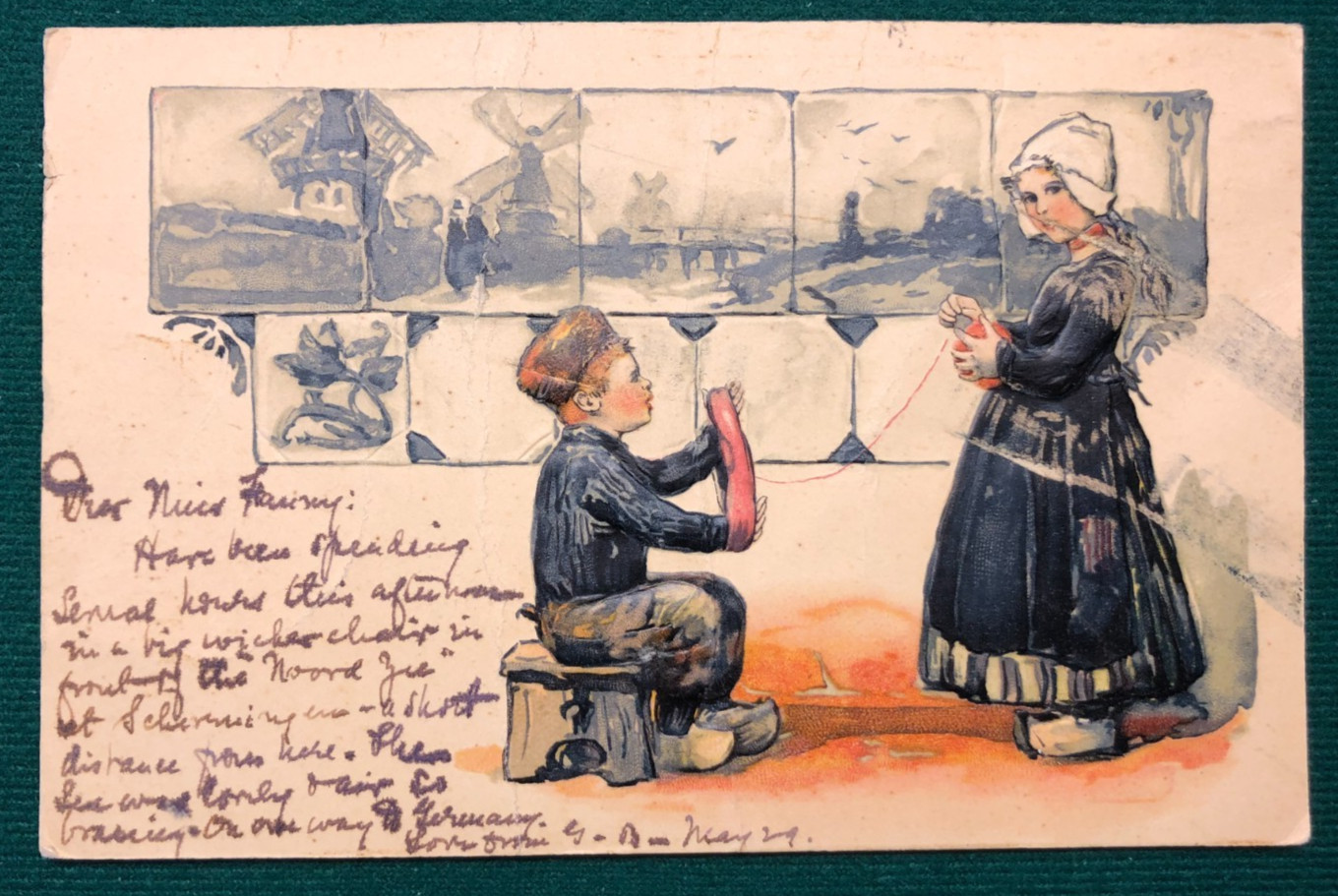 1910 Embossed Dutch Children Postcard,  Hand‑Tinted Holland Scene, Posted MI,