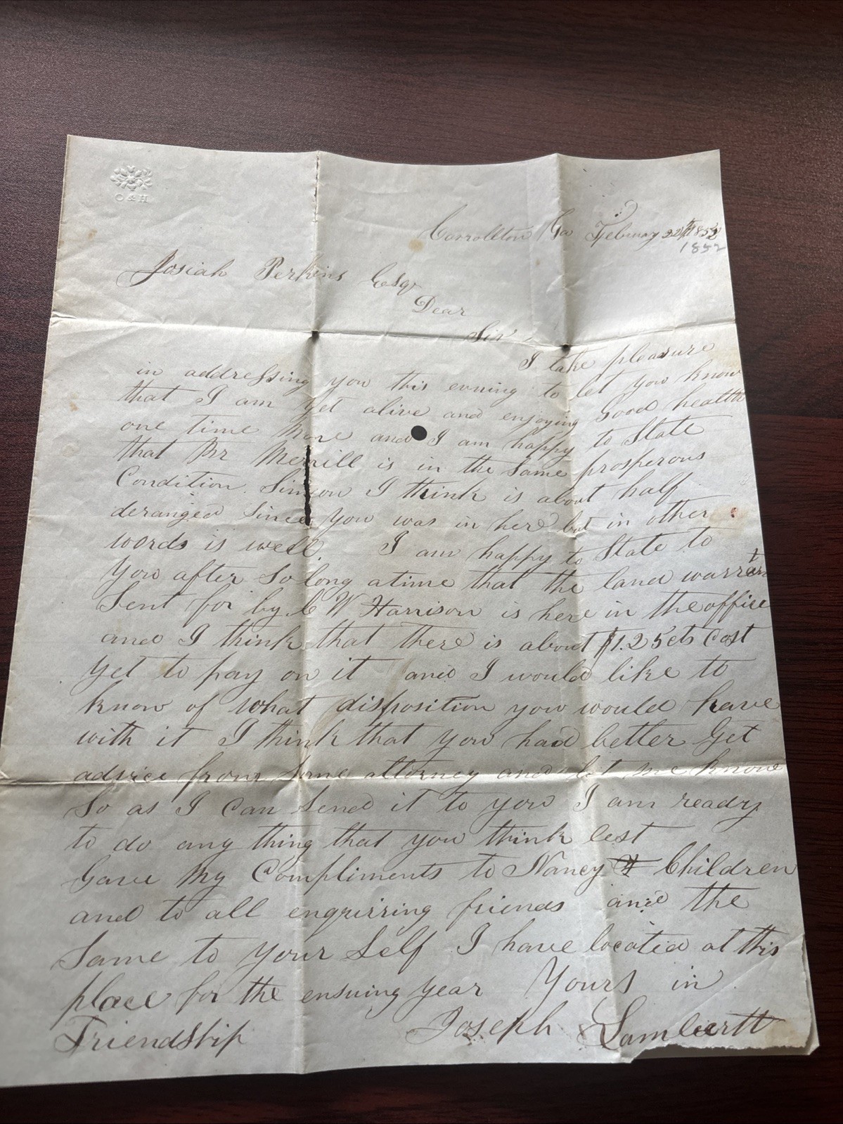 Letter To Josiah Perkins 1852