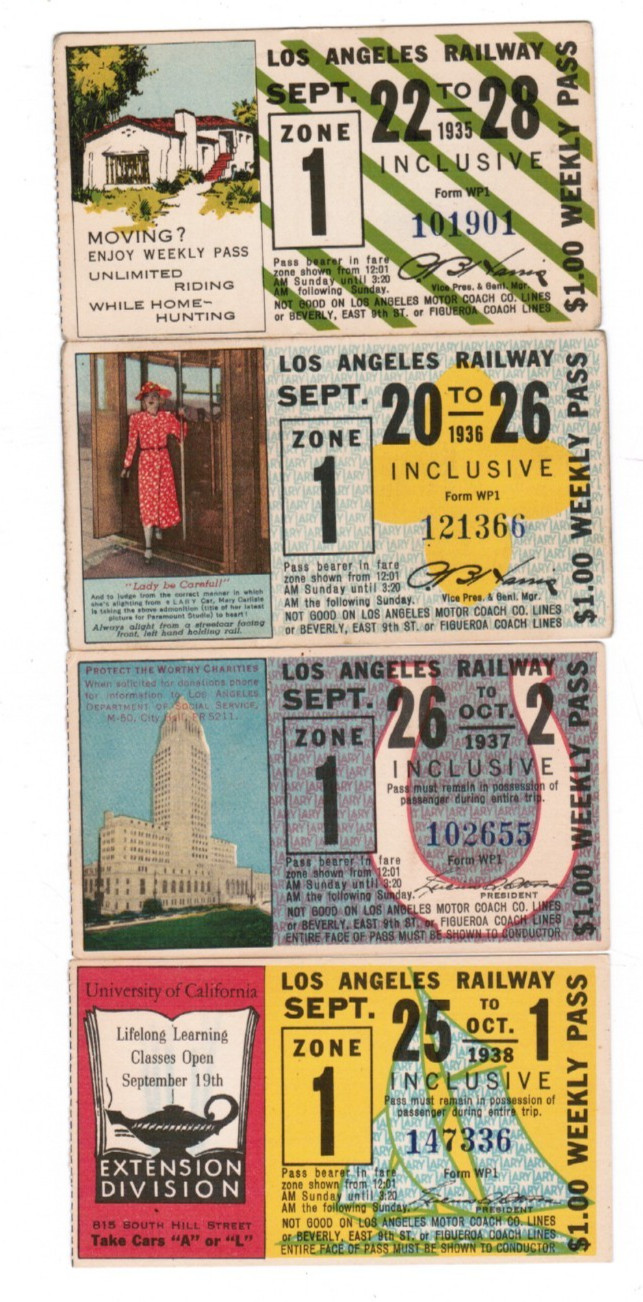 4 Los Angeles California Railway Pass Tickets September 1935 1936 1937 1938