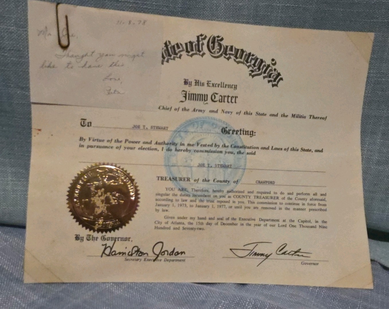 RARE 1970s Jimmy Carter Signed Georgia Governor Appointment Certificate