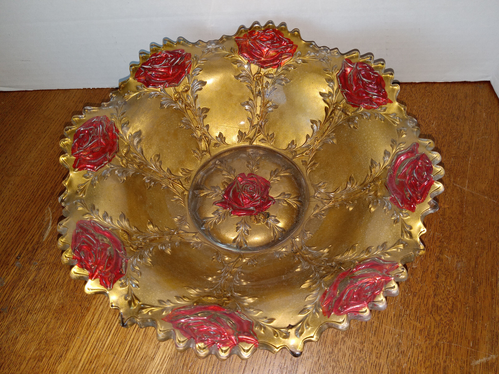 Vintage Goofus Glass Bowl 9” width 2 1/2” Depth. Gold W/ Red Roses