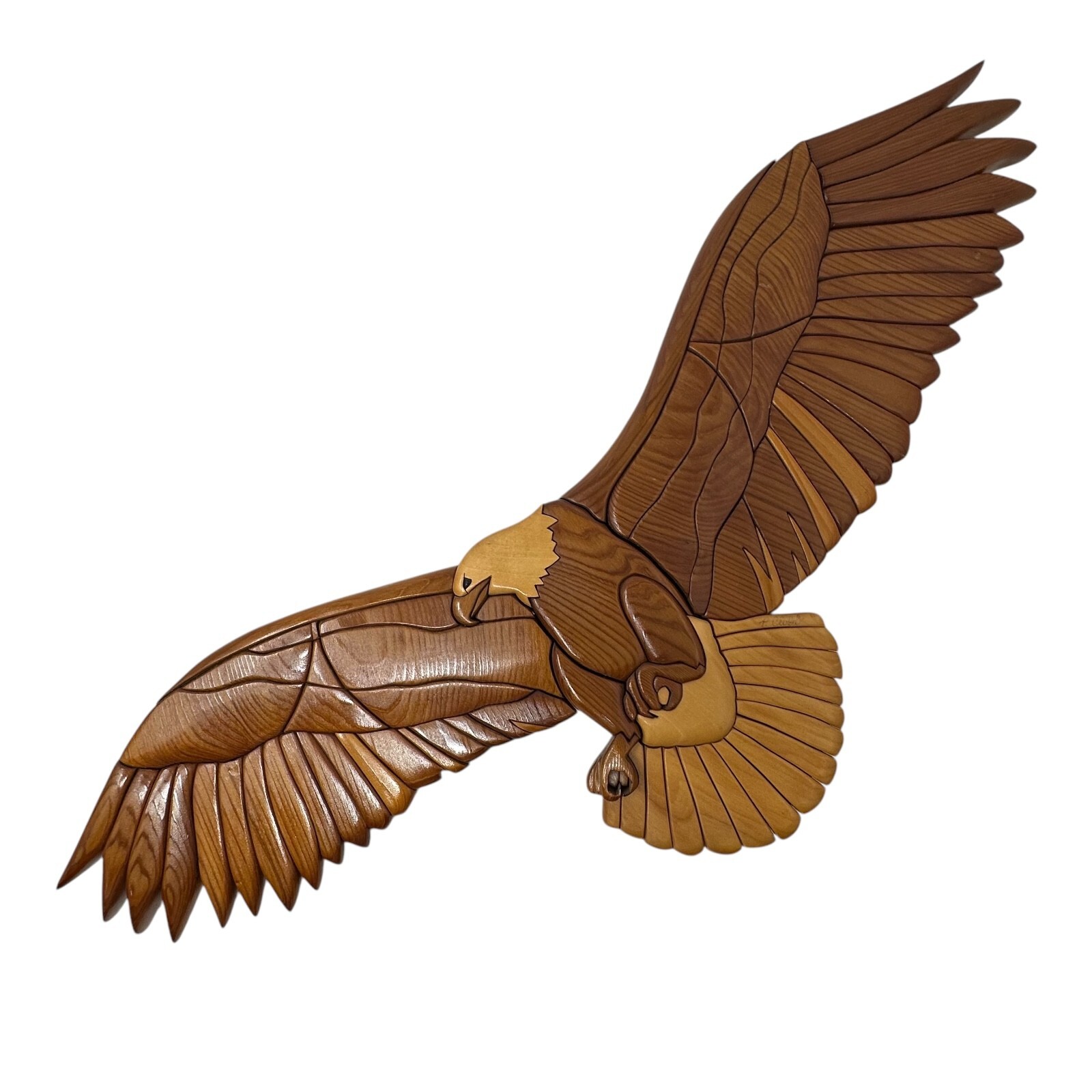 Vintage 80s Handcrafted Intarsia Bald Eagle Wall Wood Art 24½\