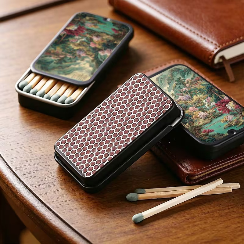 Metal Match Box Case Protective Metal Sliding Top w Strike plate on back Retro