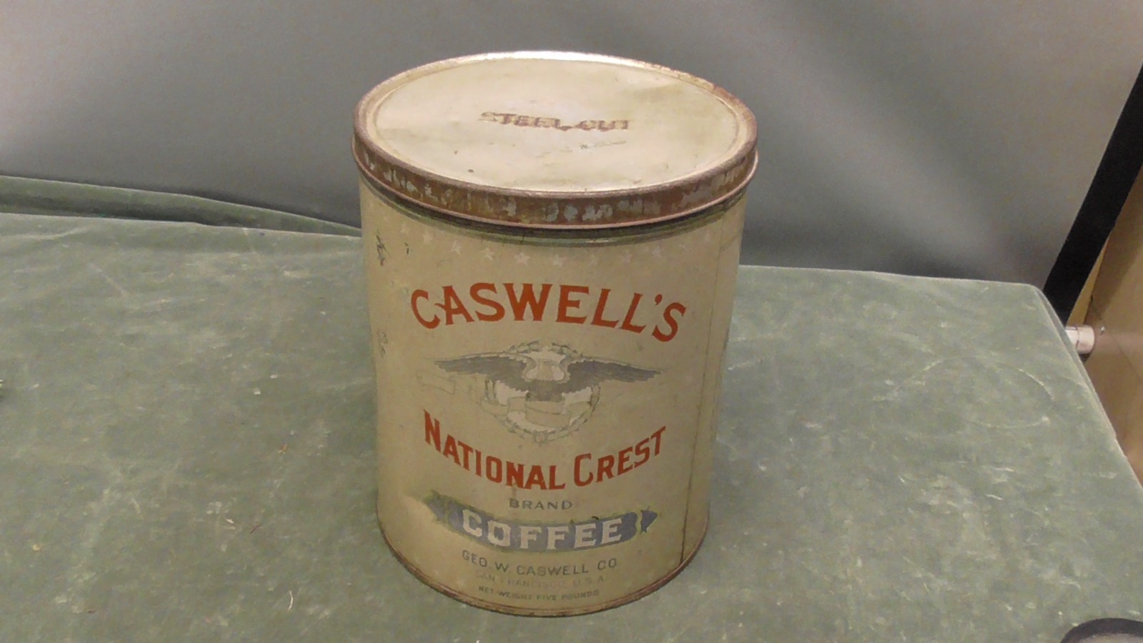 Caswell\'s National Crest Coffee Tin 5lb Geo W. Caswell Co. Vintage Decor Tin Can Caswell\'s National Crest Coffee Tin 5lb Geo W. Caswell Co. Vintage Decor Tin Can