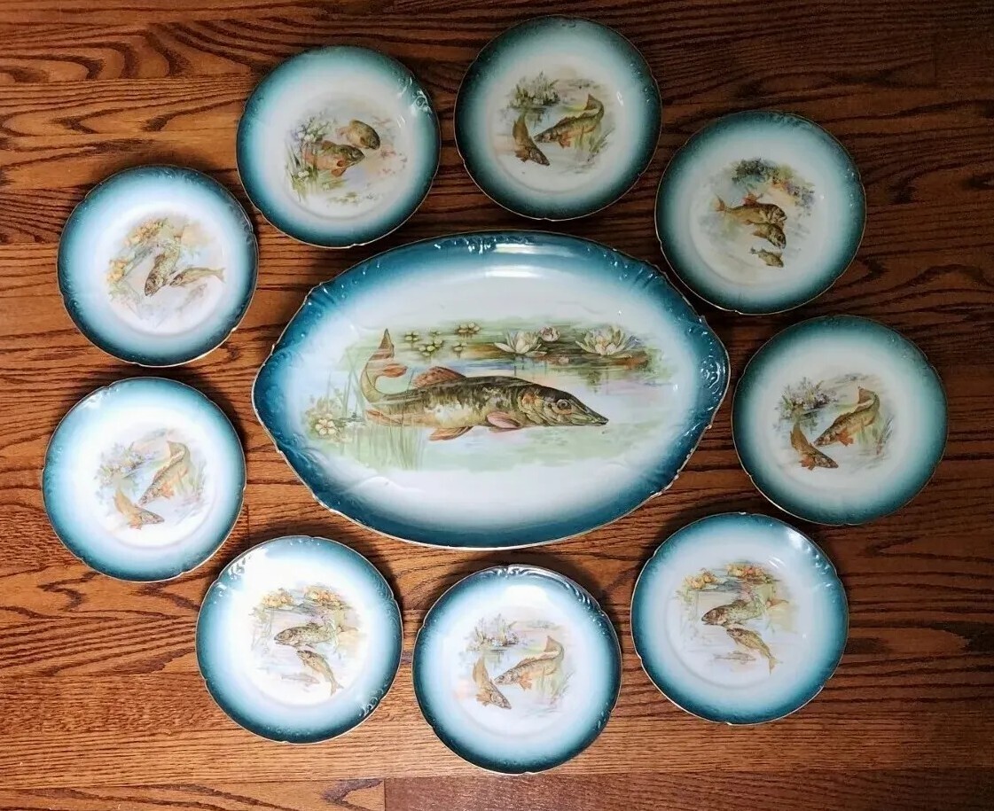 *9* Joseph Schachtel Porcelain Fish Plates & Serving Platter Germany c1890's A++