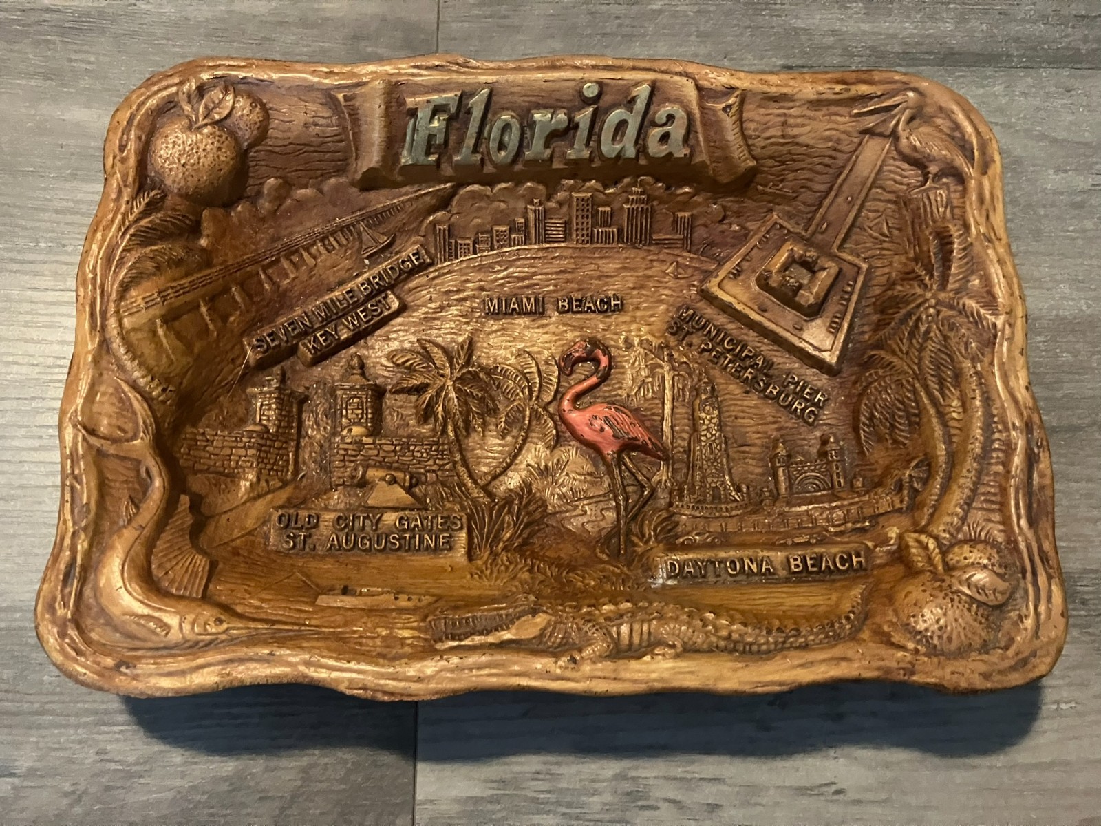 Vtg Arrow Novelty Co. Mid-Cent Florida Flamingo Palms Souvenir Fruit Bowl Dish