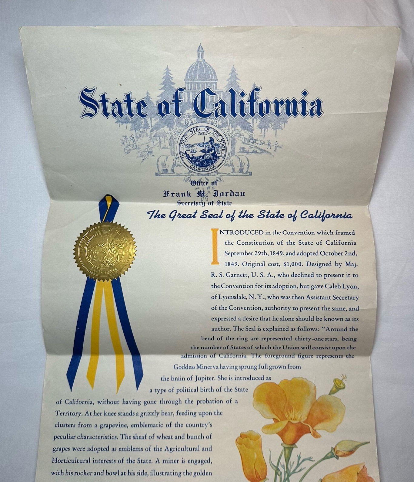 Great Seal Of The State of California Ephemera Autographed Senator Alan Short