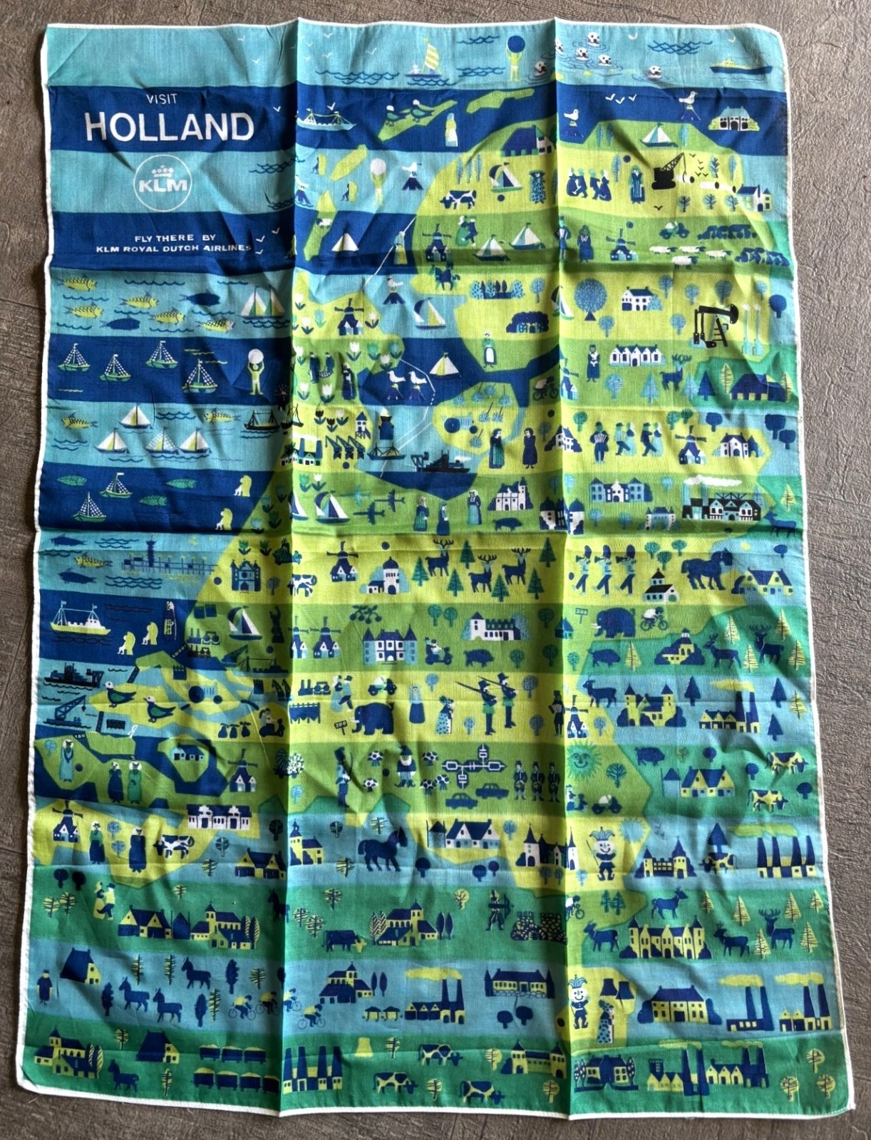 RARE Vintage KLM Royal Dutch Airlines Holland Map Souvenir Handkerchief Scarf