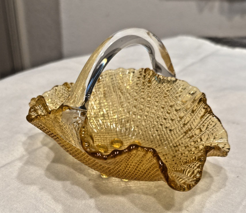 VNTG Indiana Glass Amber Basket Diamond Point Tiara Ruffled Candy Dish Bowl 80