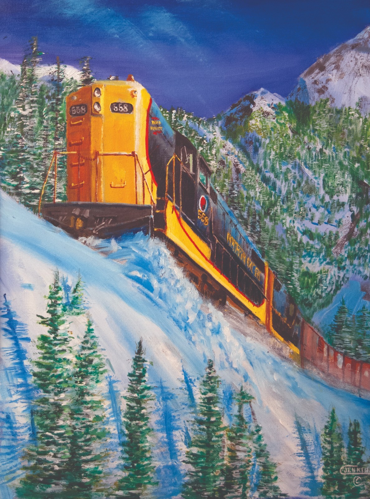 Original Oil Painting Railroad Train Northern Pacific and Snow   American Artist