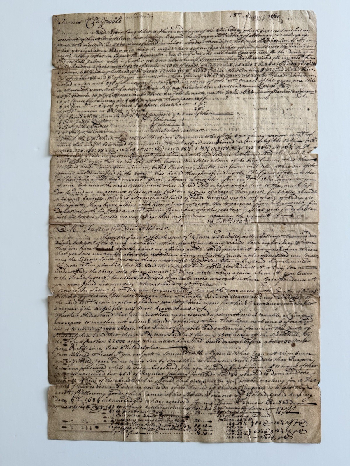 Colonial Era Manuscript Relating To William Penn, James Claypoole And Others