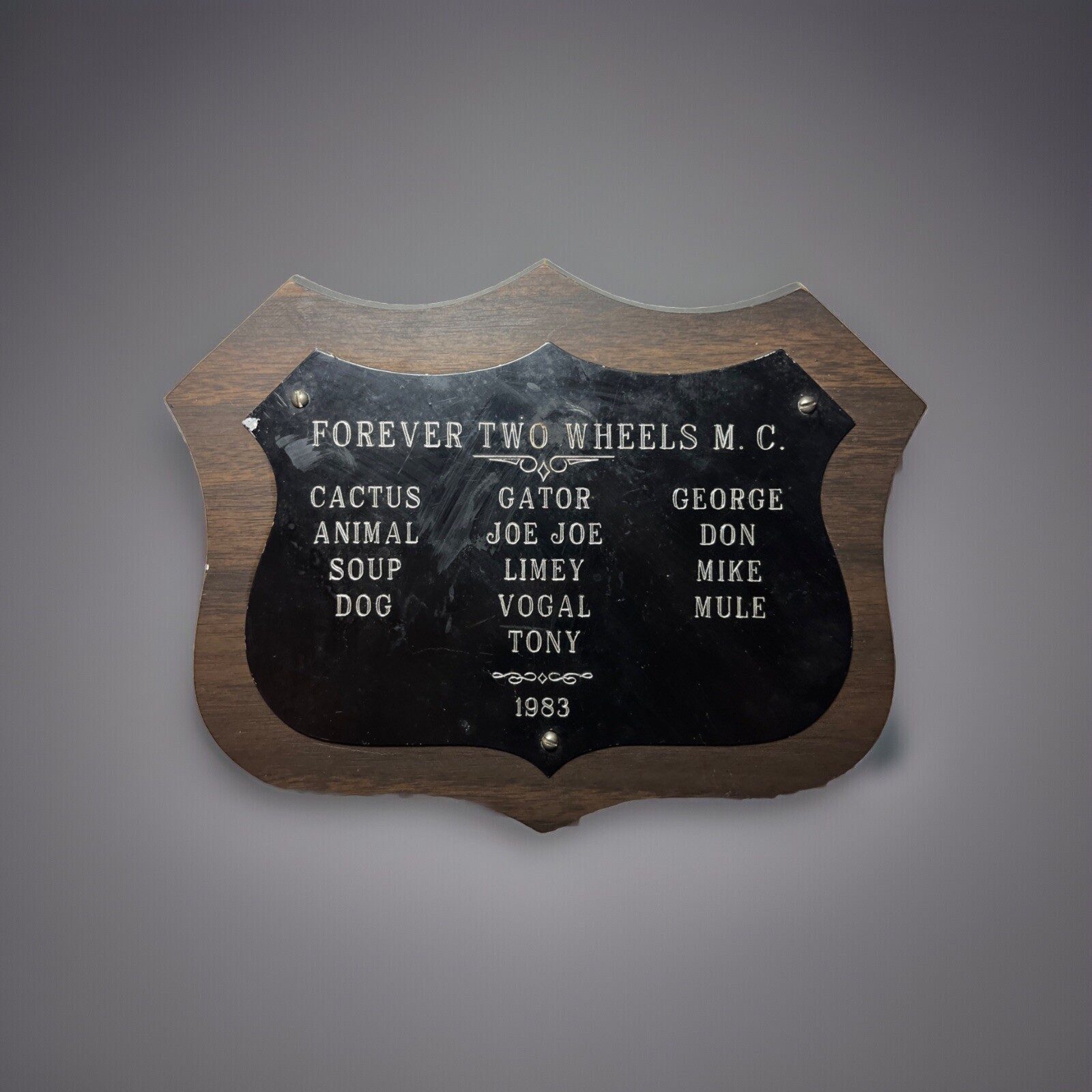 VTG Forever Two Wheels Motor Club 7” Plaque 1983 Cactus Gator Animal Soup Dog +