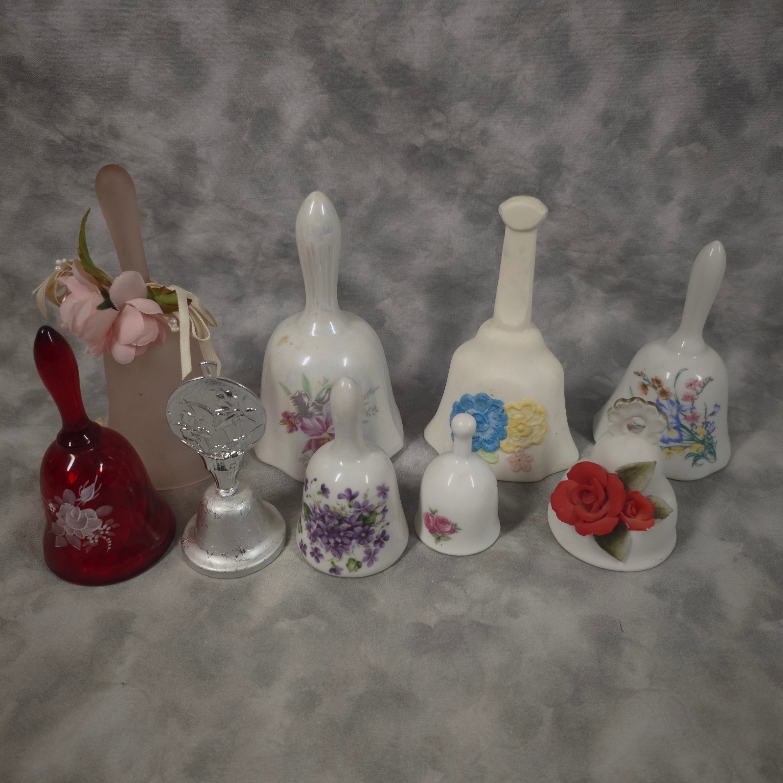 Vintage Floral Ceramic Bell Lot 9pc Japan Porcelain Glass Musical Handbells