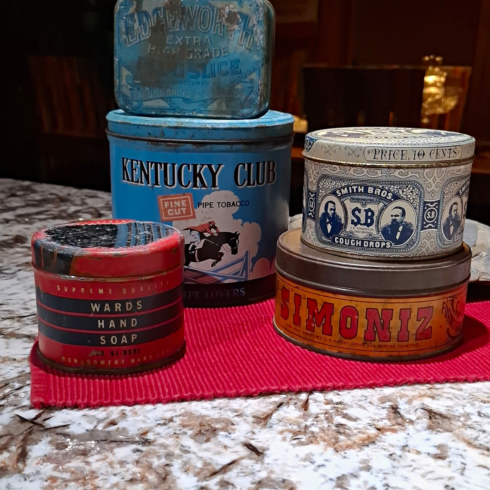 Lot Of Vintage Tins. Simoniz, Edgeworth,Smith Bros,Kentucky Club,Wards Soap