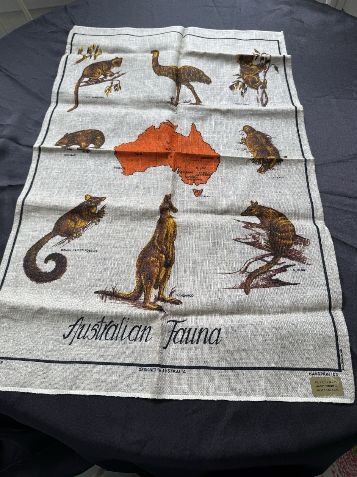 Vintage Linen Souvenir Tea Towel Australian Fauna w/ Native Animals Handpainted