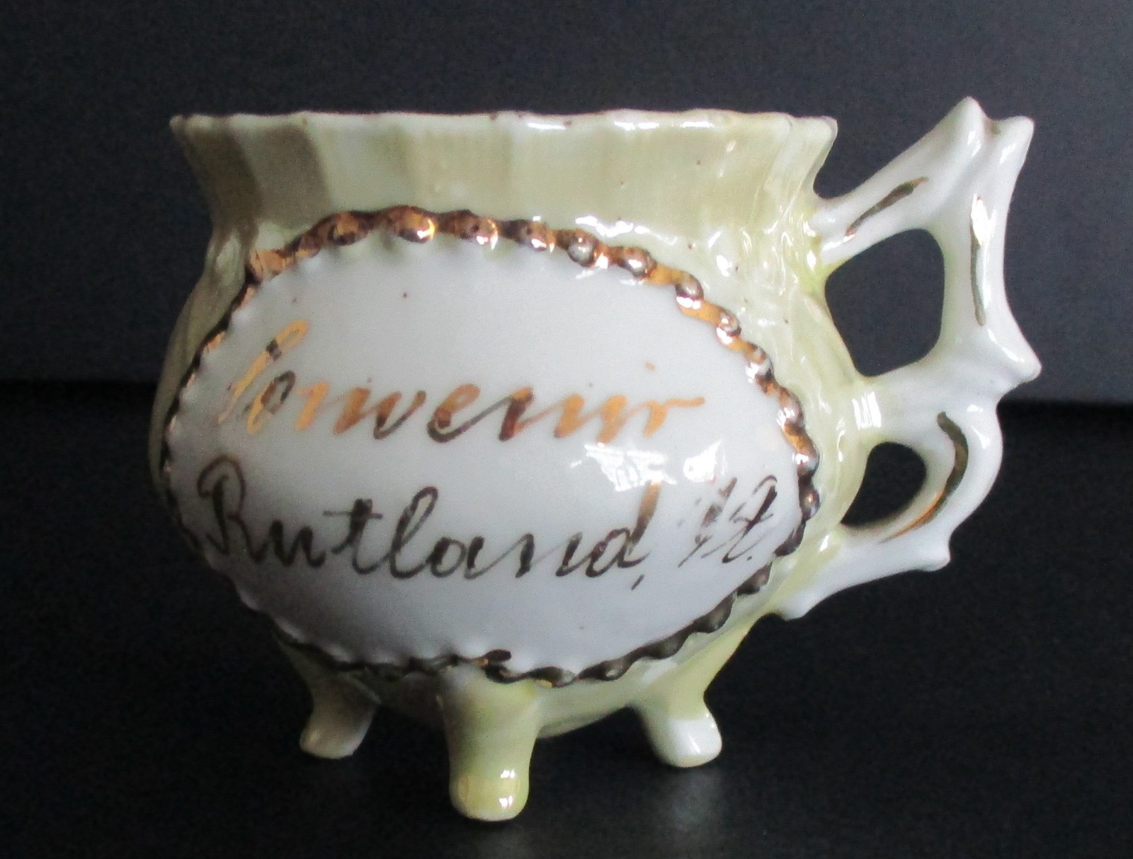 Late 19th Early 20th Century Souvenir Porcelain Four Footed Cup Rutland Vermont