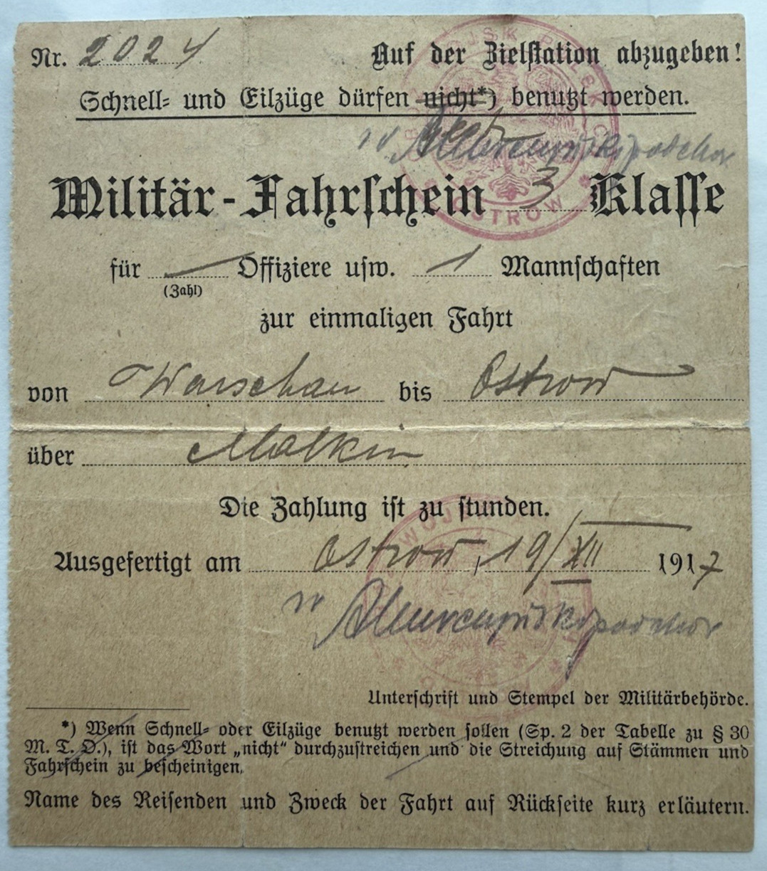 GERMANY, POLAND WWI 1917 Military Train Ticket from WARSAW / OSTROW