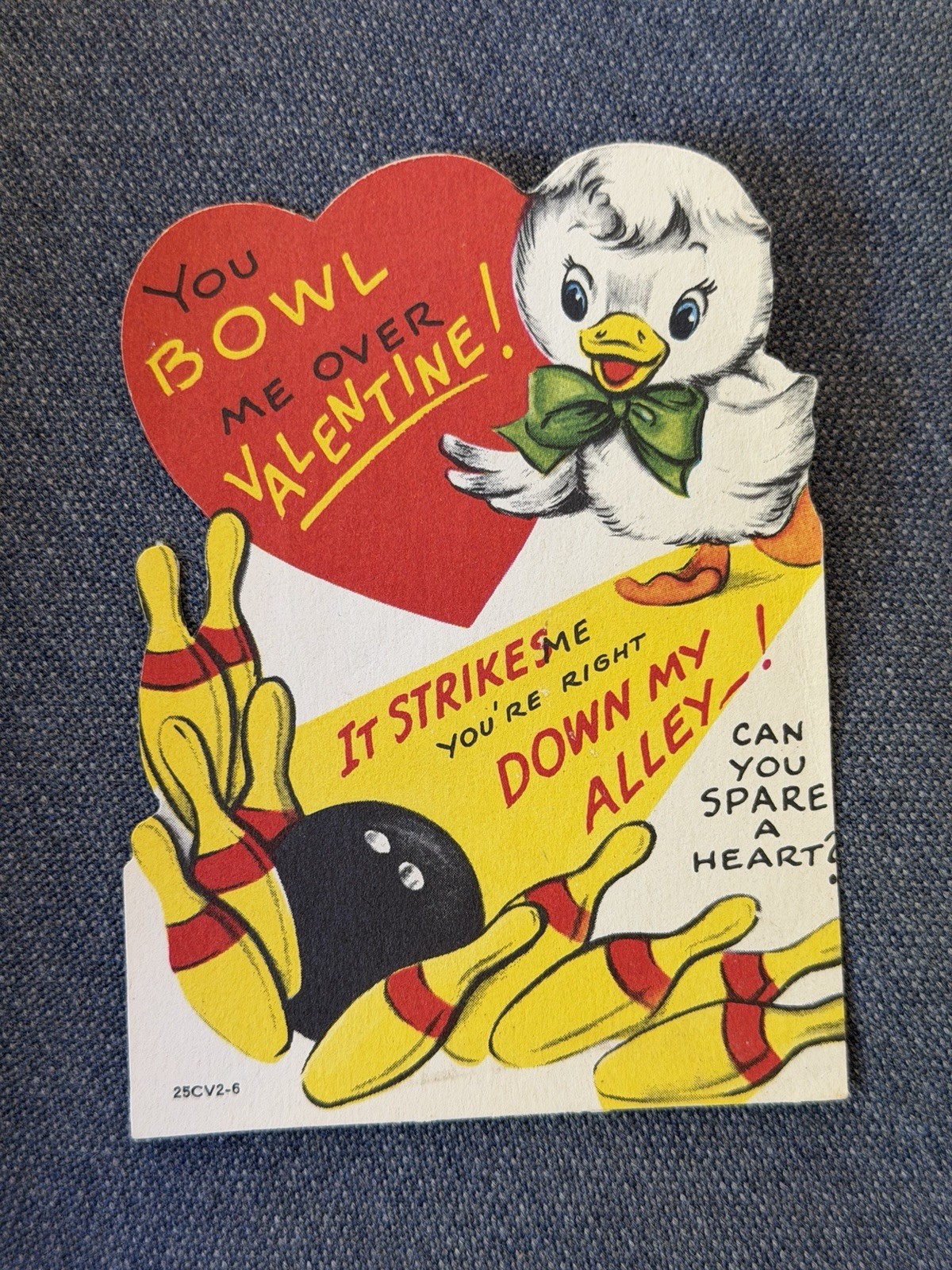 Vintage Valentine Card Anthropomorphic Bowling Ball & Pin