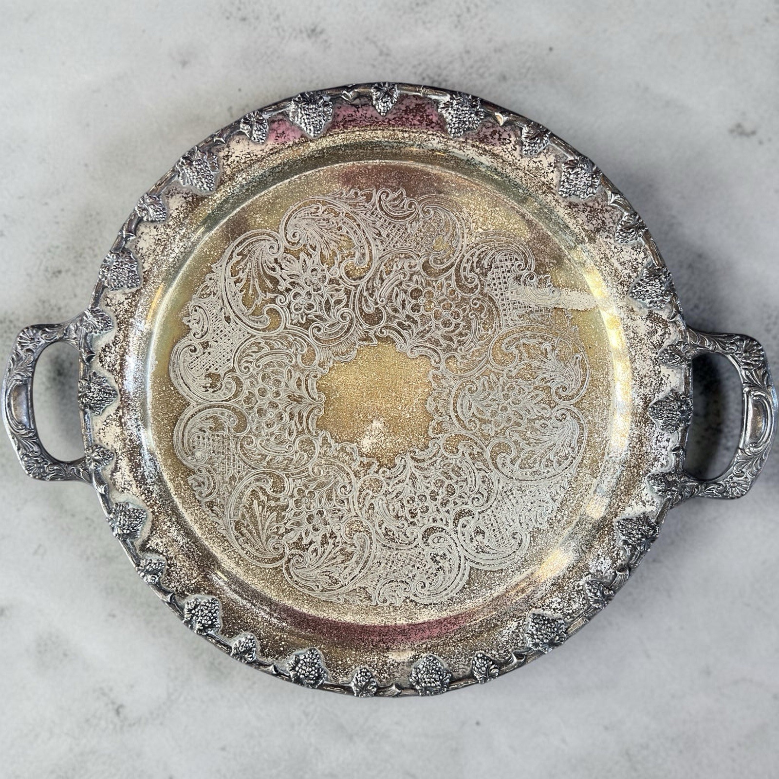 Vintage Federal Silverplate on Copper 17” Grape Vine Handled Serving Tray Vintage Federal Silverplate on Copper 17” Grape Vine Handled Serving Tray