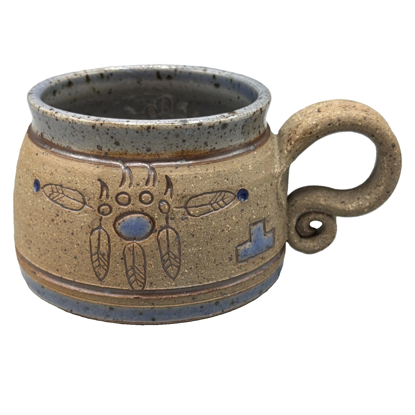 Barnes Pottery Stoneware 10 oz Mug Southwest Art Native American Blue Signed