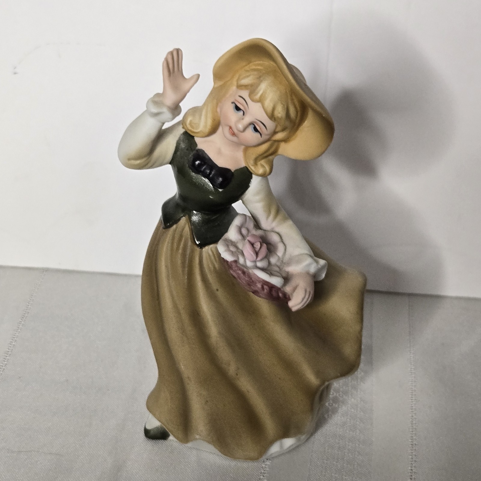 Vintage Girl Figurine Carrying Flowers Yellow & Green Dress -Norleans Japan
