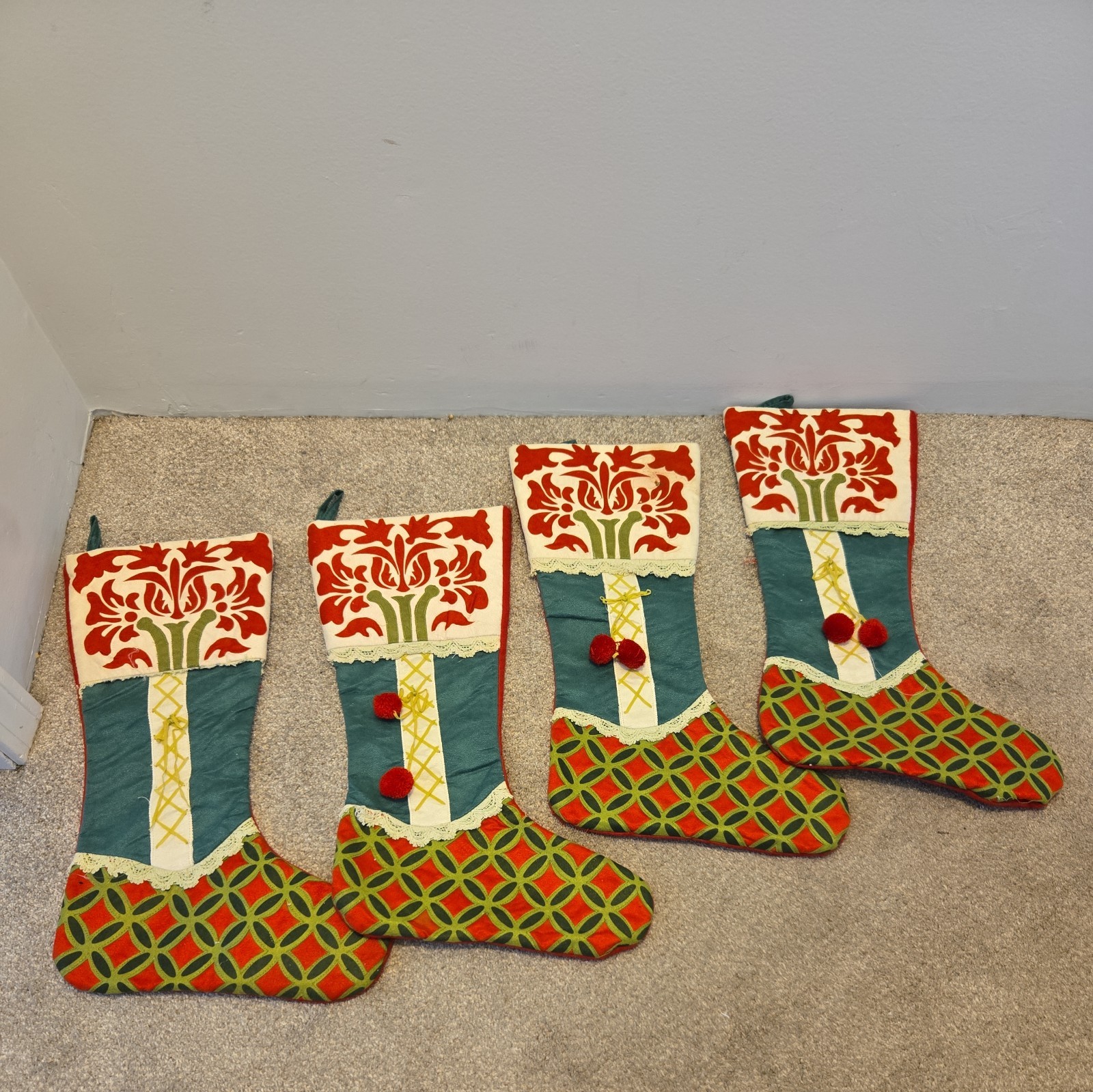 (4) VTG Pier 1 Scandinavian Christmas Stocking Suede Lace Up Pom Pom Floral (4) VTG Pier 1 Scandinavian Christmas Stocking Suede Lace Up Pom Pom Floral