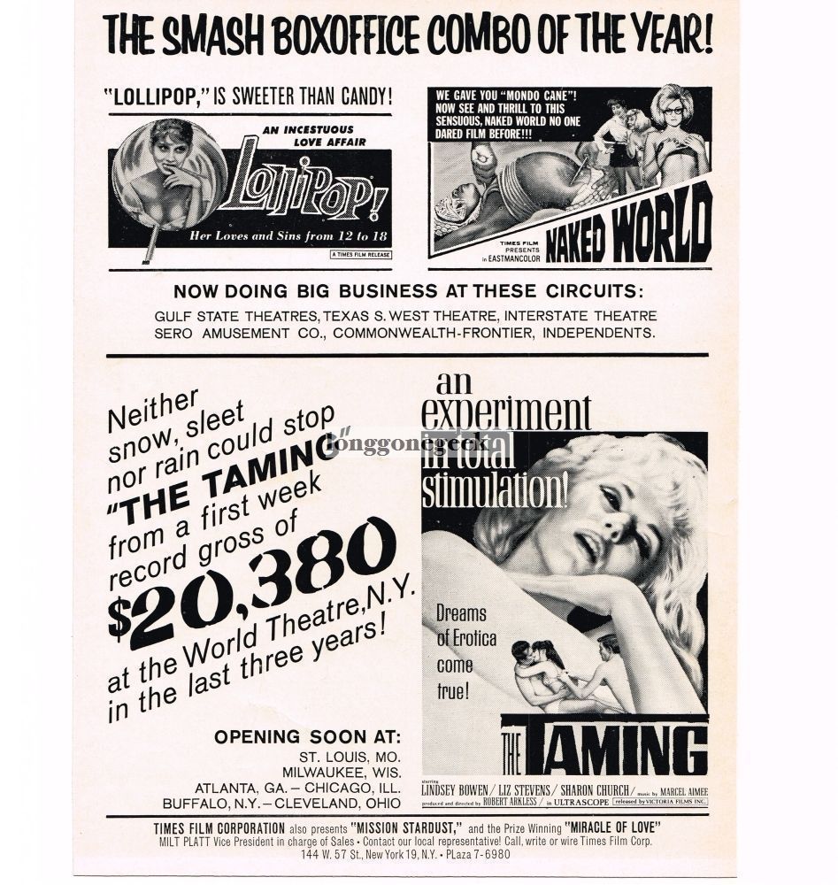 1969 The Taming X-rated movies Lollipop, Naked World Vintage Movie Trade Ad