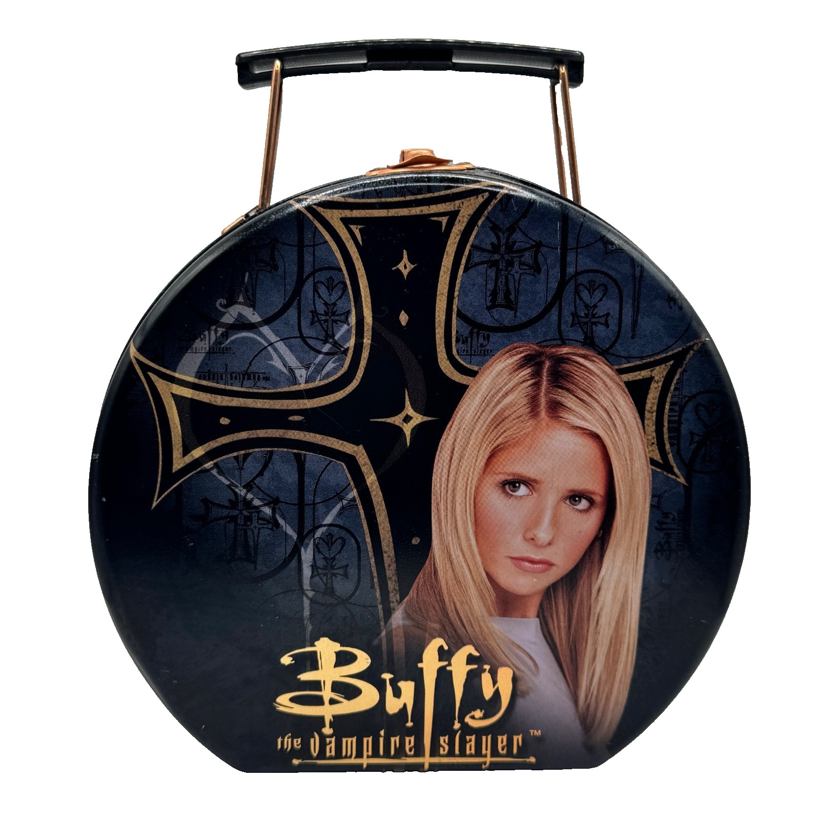 Y2K vtg BUFFY THE VAMPIRE SLAYER Tin Metal Round LUNCHBOX Case Lunch Box Bag
