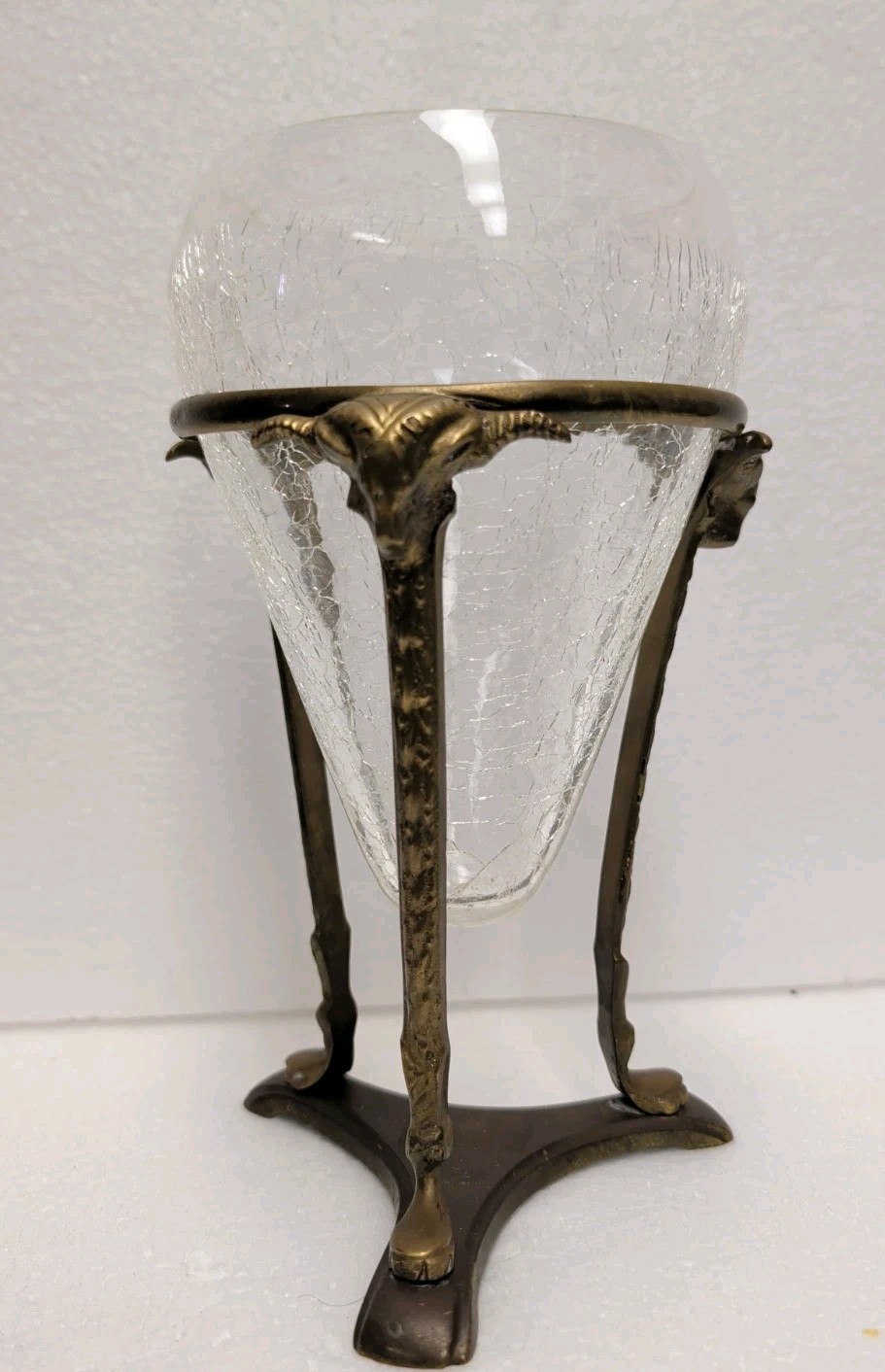 Blenko Art Deco Style Crackle Glass Vase /Rams Head Brass Stand 1960's 8
