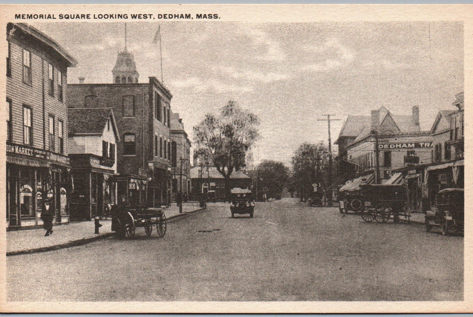 Dedham, Massachusetts - Memorial Square Looking West - Unique B & W Postcard