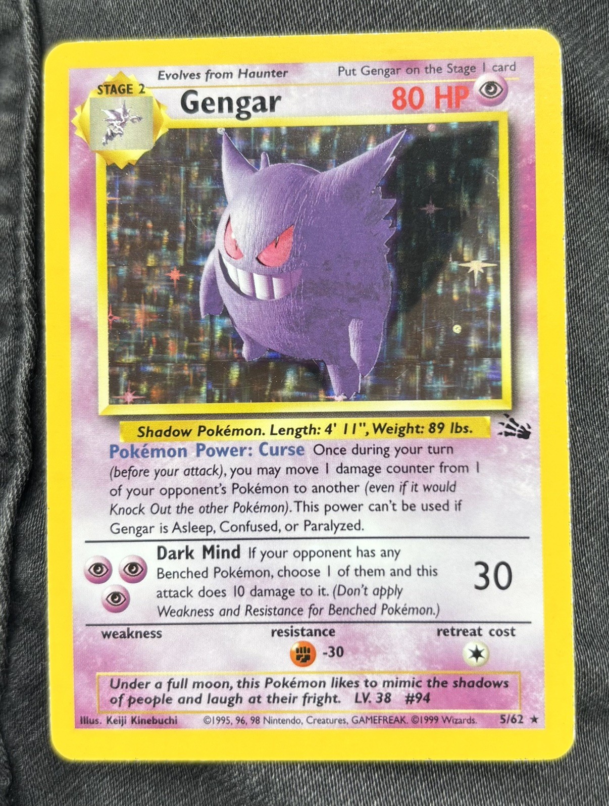 Pokemon Card; Gengar 5/62 Fossil Holo Rare LP 1999 Vintage