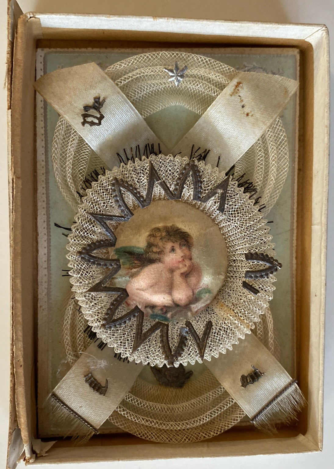 Antique Baptismal Card Made In Box Bottom German with Baptismal Certificate Antique Baptismal Card Made In Box Bottom German with Baptismal Certificate