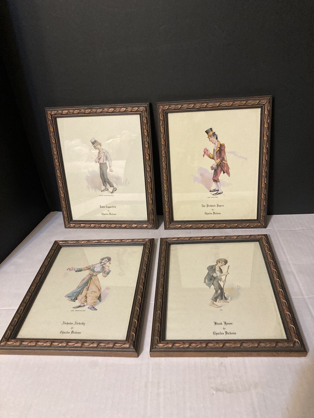 Sketches from Charles Dickens Set Of 4 Portrayed by Kyd Framed Sketches from Charles Dickens Set Of 4 Portrayed by Kyd Framed