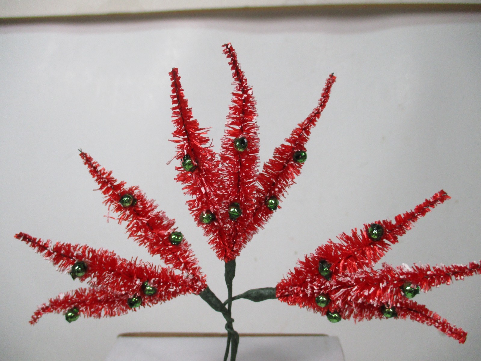 Vintage Japan Christmas Pick/Ornaments - Glass Beads on Red Brush Fronds