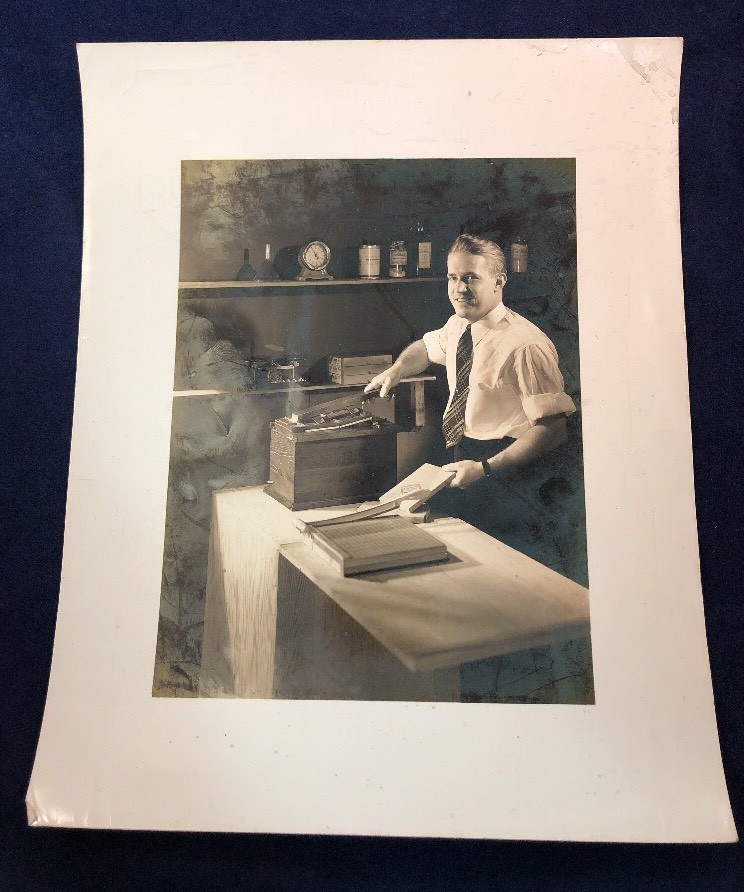 Vintage Black & White Photo Man In Shirt & Tie Cutting Binding Paper Office Work