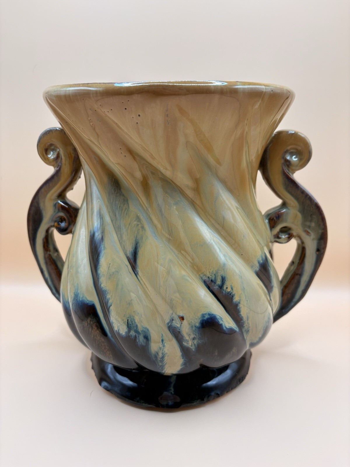 Vintage Two Handle Trophy Handle Vase Heavy Brown Green Slick Drip Glossy Glaze