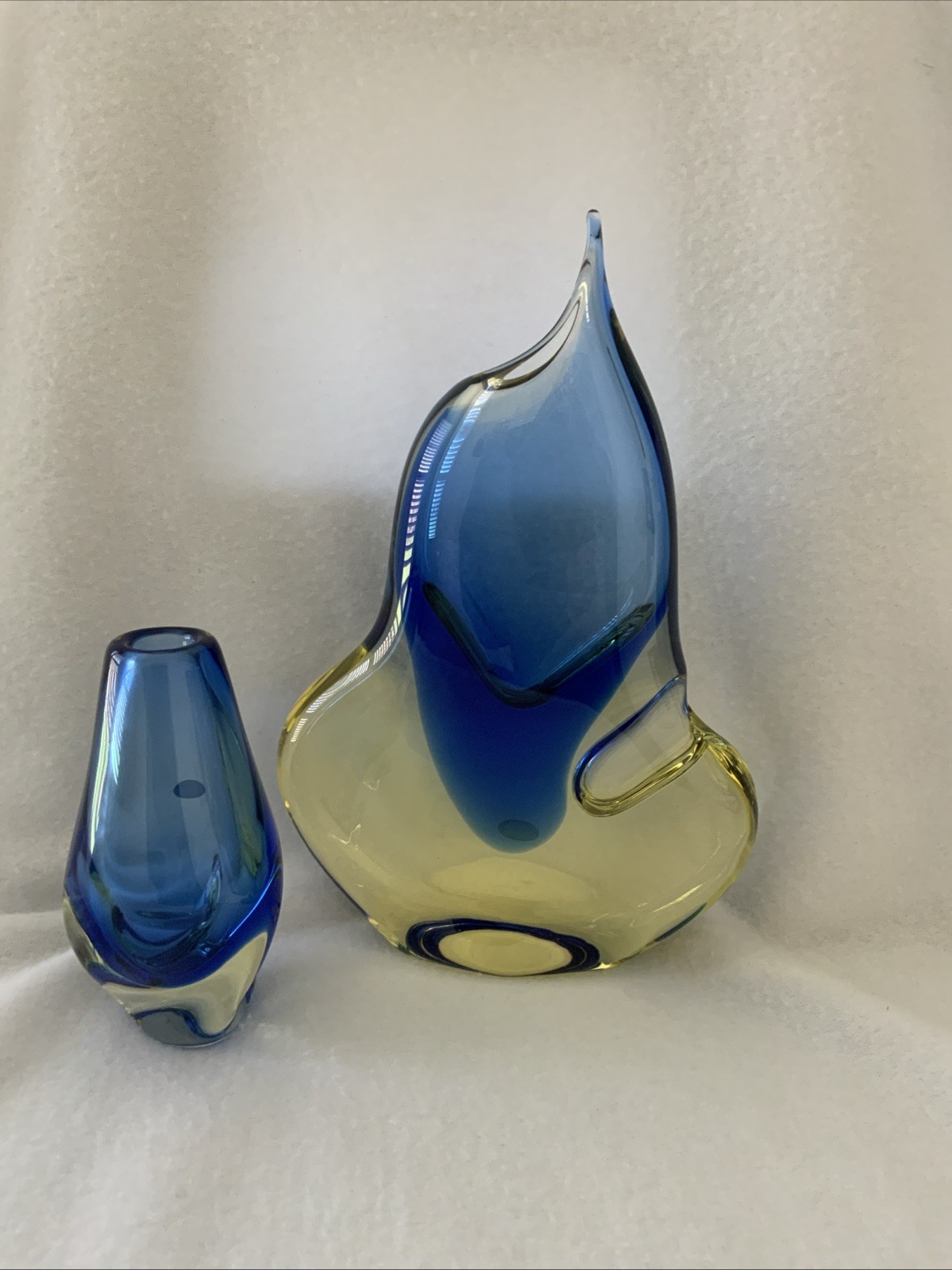 Vintage Czech Republic Unique Pair Hand Blown Vases Blue And Yellow Art Glass