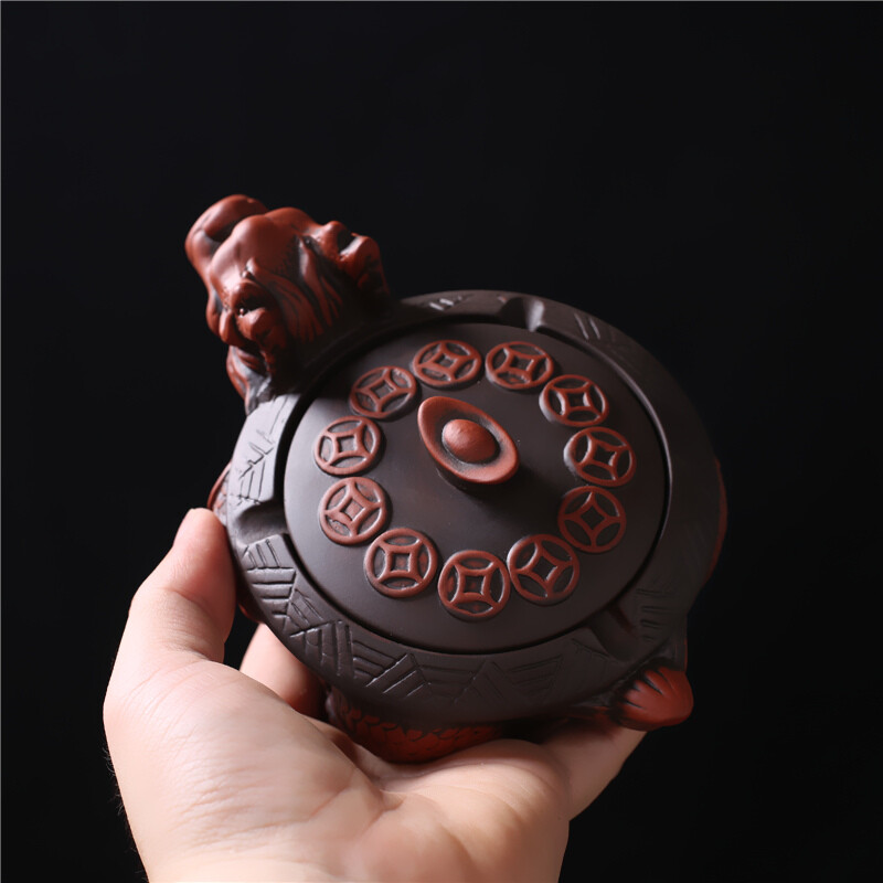 Creative Ashtray with Lid Cover Dragon Turtle Design Carved Zisha Purple Clay